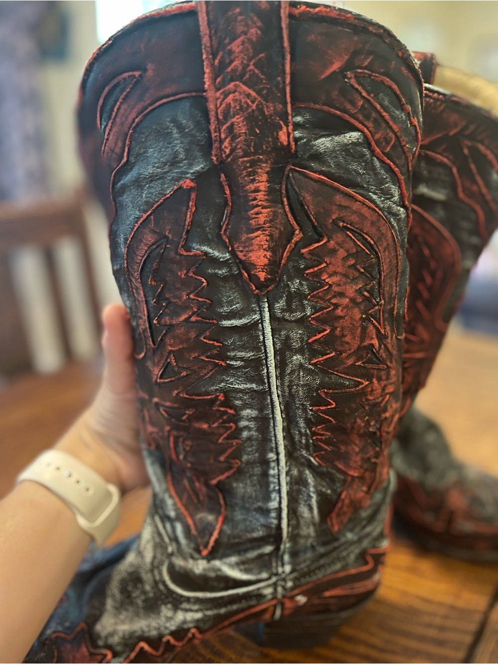 Women's Black and Red Distressed Western Heeled Boots - Picture 6 of 6
